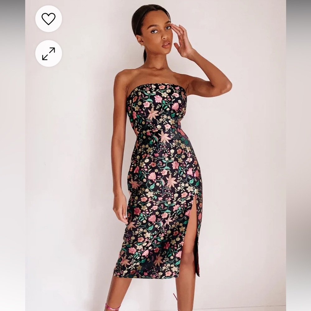 Lulus black satin floral jacquard strapless mini dress
